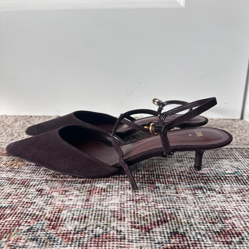 NWT Zara Chocolate Brown Suede Pointed Kitten Heels - Picture 4 of 6